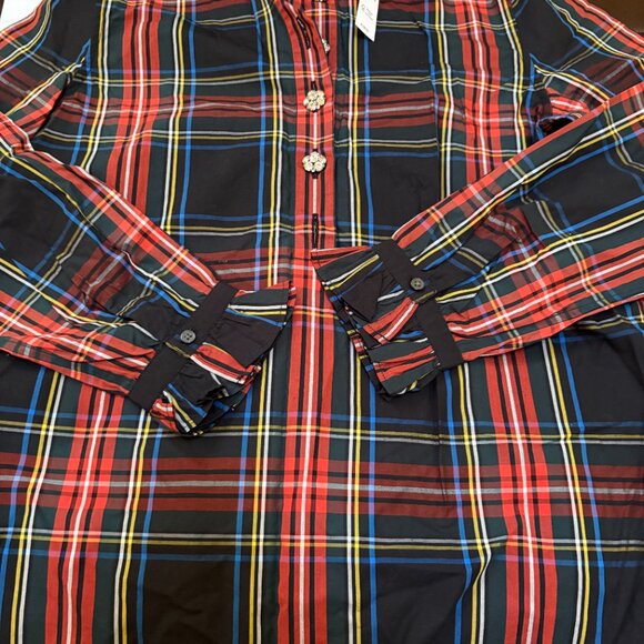 J.Crew Jeweled Button Popover Tunic Top Black Stewart Tartan Plaid Sz 0 $128 - Picture 9 of 9